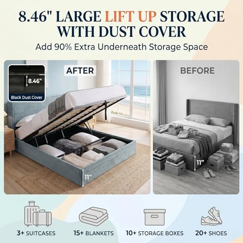 King Lift Up Storage Bed, Corduroy Platform Bed with Headboard, Light Blue