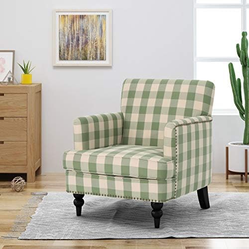 Christopher Knight Home Eve Modern Upholstered Club Chair, Wooden Living Room Accent Chair, Comfy Bedroom Reading Chair, Multifunctional Armchair, Green Checkerboard