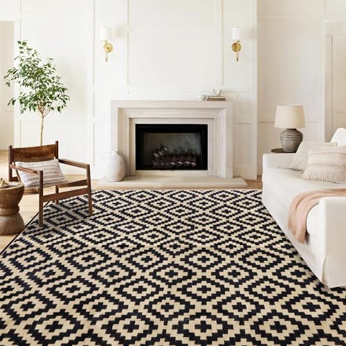 SAND MINE Waterproof Outdoor Rug 8x10 ft, Plastic Reversible Rug, Modern Area Rug, Large Floor Mat for Outdoors, RV, Patio, Backyard, Deck, Picnic, Beach, Camping, Black & Beige