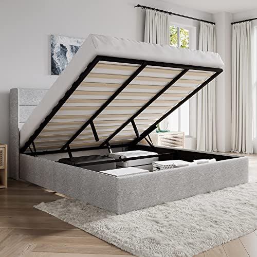 SHA CERLIN King Size Lift Up Hydraulic Storage Bed Frame Light Grey