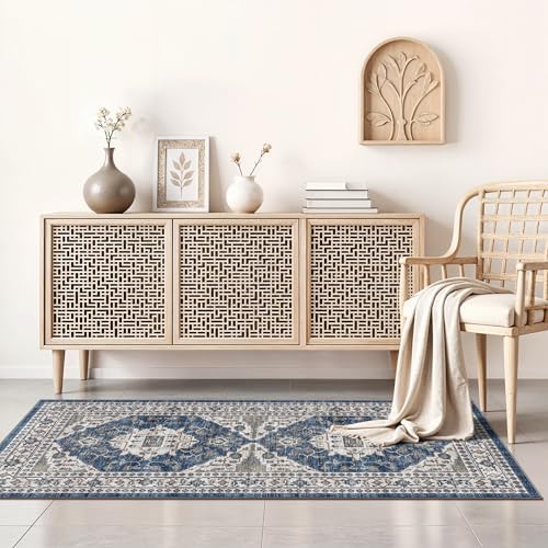 2x4 Non-Slip Entryway Area Rugs: Washable Stain Resistant Kitchen Carpet Printed Doormat Soft Low Pile Nursery Rug Vintage Small Floor Mat for Hardwood Bedroom Cozy Home Decor fot Family(2x4,Blue)