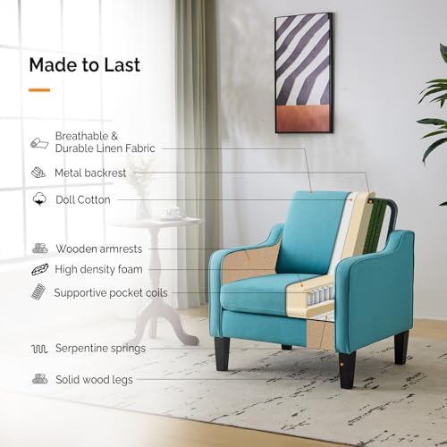 VINGLI Accent Chair, Linen Upholstered Teal Blue Armchair for Living Room