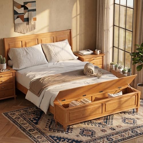 Queen Bed Frame with 53" Tall Headboard and Storage Bench, Solid Wood Queen Size Platform Bed with 64" Footboard Storage Chest,Heavy Duty Slats System,No Box Spring Needed, Natural