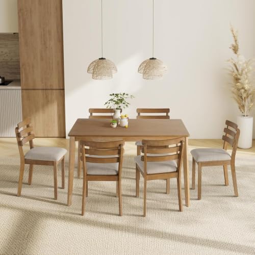 Dining Table Set for 6, Wooden Farmhouse Table, 6 Upholstered Chairs