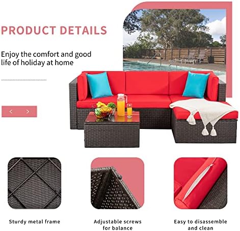 Shintenchi 5 Pieces Patio Furniture Sets Outdoor All-Weather Sectional Patio Sofa Set PE Rattan Manual Weaving Wicker Patio Conversation Set with Glass Table&Ottoman Cushion and Red Pillows, Red