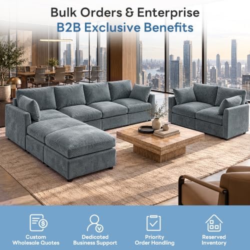 Iroomy Sectional Couch for Living Room, Comfy L Shaped Convertible Sofa, 4 Seater Modern Chenille Sofa with Ottoman, Grey