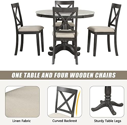 Harper & Bright Designs 5-Piece [Round] [Dining] [Table] and Chair Set, with Cushion Chairs for Family [Dining] Area, Wood