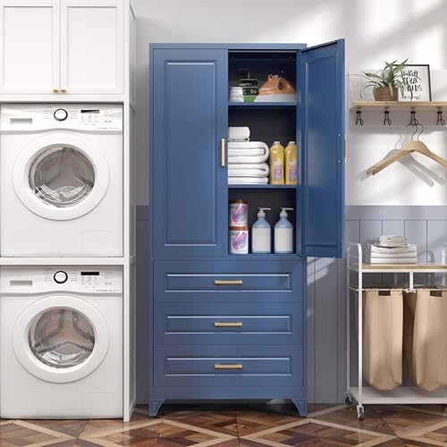 SteeLoong 75" Metal Storage Cabinet with Doors and 2 Adjustable Shelves | Kitchen Pantry Cabinet with 3 Drawers,Blue Kitchen Cabinet with 2 Gold Handles,Food Cupboard for Livingroom,Pantry, Bathroom