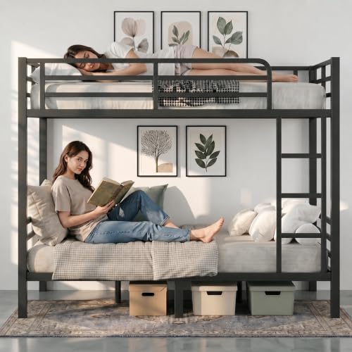 Full Over Full Bunk Beds, Heavy Duty Metal Full Size Bunk Bed for Teens and Adults, Noise-Free Design Bunkbeds with Ladder, Guardrail for Bedroom, Dorms and Apartment, No Box Spring Required, Black