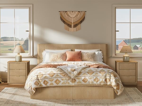 VMU Fluted King Size Platform Bed Frame with Lift up Storage, Oak