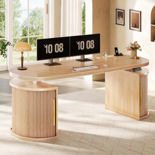 SEDETA 57" Standing Desk with Storage, Electric Height Adjustable Executive Fluted Desk with Curved Cabinets, Computer Desk with Power Strip for Home Office, Light Oak