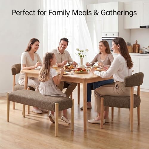 VKNOW Upholstered Dining Room Set for 4, Mid-Century Modern Dining Chairs Set of 2 and Dining Bench with Rubberwood Legs, for Dining Room, Living Room, Kitchen, Dark Brown