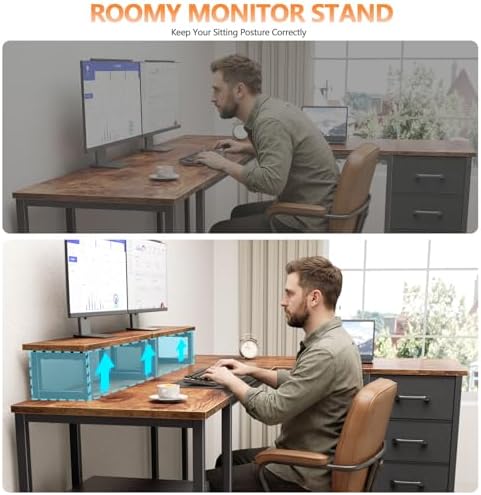 Korfile 59 inch L Shaped Computer Desk with Power Outlets, Rustic Brown