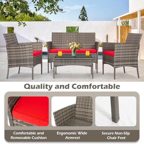 FDW 4-Piece Patio Furniture Set | Gray & Red |Outdoor Wicker Furniture