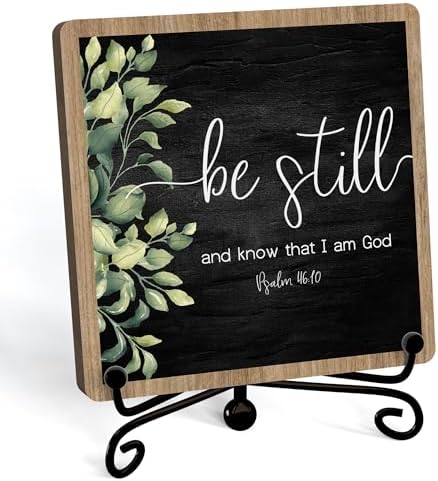 Inspirational Christian Desk Decor, Be Still And Know That I Am God Sign, Desk Decorations For Office Home Living Room Bathroom, Eucalyptus Shelf Decor, Wooden Plaque With Stand (02)