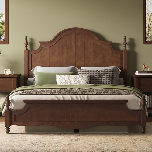 AMERLIFE Queen Solid Wood Poster Bed with Arched Headboard, Dark Walnut