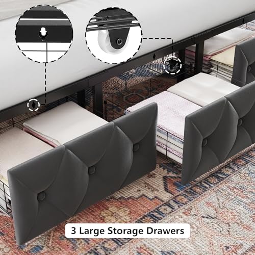 Keyluv King Upholstered Canopy Bed Frame with 3 Storage Drawers & Button Tufted Headboard, Metal Platform Bed with 4 Removable Posts, Two-Purpose Velvet Bed, Dark Grey/Curtain Not Included