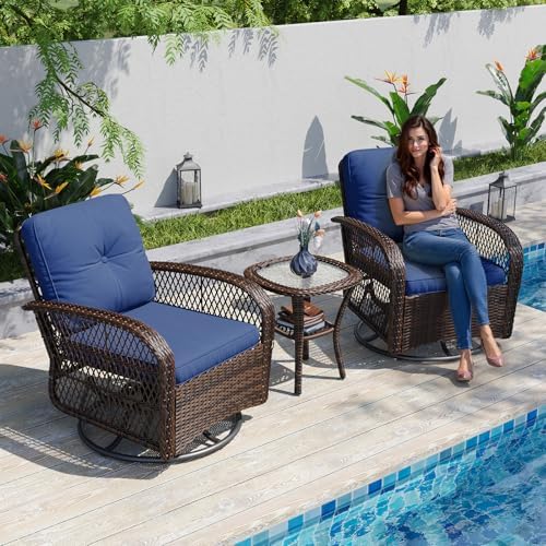 Aoxun 3 Pieces Patio Furniture Set, Patio Swivel Rocker Chairs Set of 2, Wicker Outdoor Bistro Set with Rocking Chair, Thickened Cushions and Table for Porch (Blue)