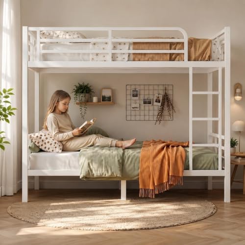Bunk Bed Twin Over Twin, Heavy Duty Metal Twin Bunk Beds for Teens and Adults, Noise-Free Design Bunkbeds with Ladder, Guardrail for Bedroom, Dorms and Apartment (White, Twin Over Twin)