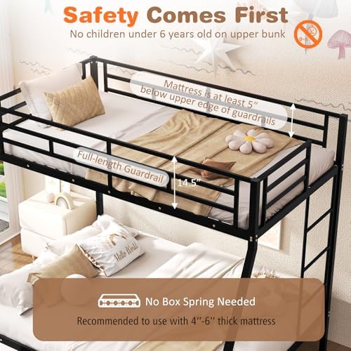 Giantex Metal Bunk Beds Twin Over Full Size, Heavy Duty Loft Bunk Bed with Ladder & Guardrail, Space Saving Bunk Bed for Dorm Apartment, Teens & Adults, Noise-Free, No Box Spring Needed, Black