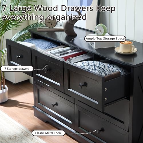 Farmhouse 7 Drawers Dresser for Bedroom Wood Dressers with Charging Station