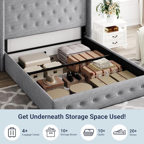 Allewie Queen Size Lift Up Storage Button-Tufted Bed Frame Light Grey