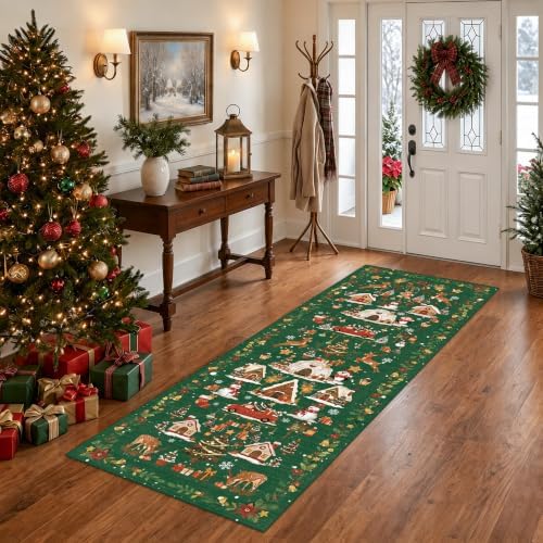 2x5 Christmas Runner Rug for Hallway - Washable Thin Kitchen Rug Runner Non Slip Low Pile Water Resistant Floor Mat for Entryway Laundry Bathroom Soft Bedroom Carpet （2x5,Green）