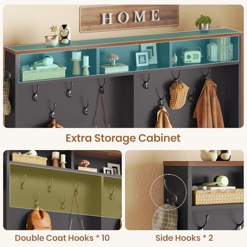 Itaar Hall Tree with Bench and Shoe Storage, 5-in-1 Entryway Bench with Coat Rack, 16 Shoe Cubbies & 12 Coat Hooks, Barn Door & Adjustable Shelf (Black)