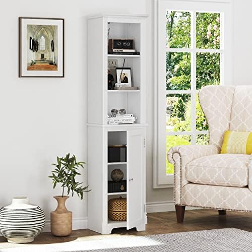 UTEX Tall Bathroom Storage Cabinet with Doors & Adjustable Shelves, White | 3 Open Shelves, 2 Adjustable Interior Shelf, Beadboard Door, FSC-Certified Wood, Anti-Tip Device, 64-Inch Tall Linen Tower