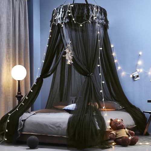 Kertnic Dreamy Bed Canopy for Girls, Princess Canopy Curtains Double Layer Sheer Mesh, Adults Canopies Netting Room Decor Tent Mosquito Net for Queen King Bed (Double Layer-Black)