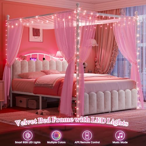 Homkdom Queen Size Canopy Bed Frame with 2 Drawers and LED & Charging,White