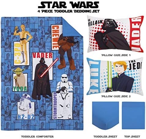 Disney Star Wars Galaxies Await 4 Piece Toddler Bedding Set Fitted Sheet, Pillow Case, Top Sheet, and Comforter Quilt - Blue