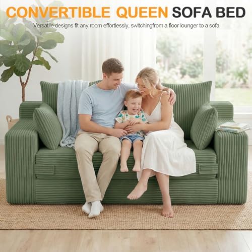 Oversize Loveseat Boneless Convertible Sofa Bed, Folding Floor Futon Sleeper Sofa Queen Size Couch Bed- Boneless Foldable Couch, Corduroy Pull Out Sofa Bed with 5 Pillows for Living Room & Bedroom