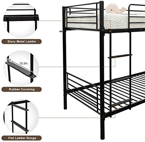 Bonnlo Bunk Bed Twin Over Twin for Kids/Teens/Adults Heavy Duty 2 Decker Bed with Flat Ladder and 13 inches High Guardrail, Metal Space Saver Bed with Stairs, Black