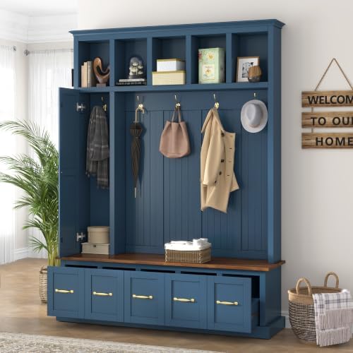 RuiSiSi Entryway Storage Organizer with Top Cabinet, Hooks and Shoe Bench, Navy Blue