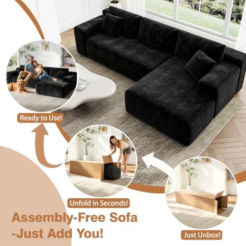 96'' L-Cloud Sectional Boneless Couches for Living Room, Black