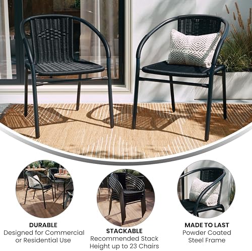 Flash Furniture Modern Rattan Indoor/Outdoor Restaurant Dining Chairs, Stackable Rattan Bistro Chairs for Patio or Restaurant, Set of 2, Black