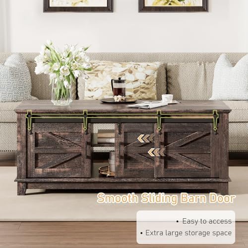 LUXOAK Farmhouse Table Set of 3, Coffee Table with Sliding Barn Doors, End Tables Set of 2 with Charging Station for Living Room & Bedroom, Sliding Barn Doors, 2 Tiers Storage Drawer, Dark Rustic Oak