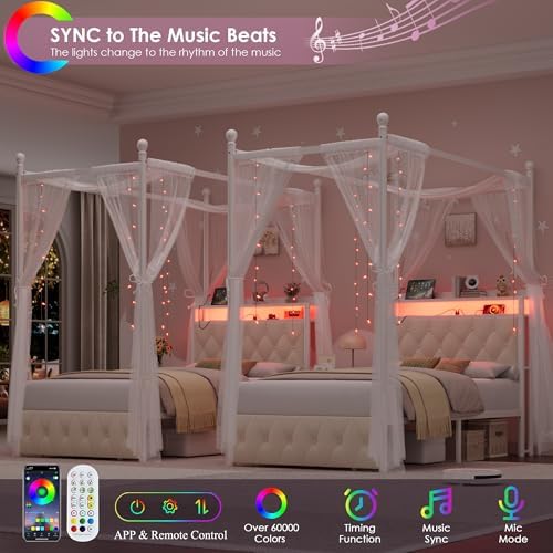HIFIT Twin Size LED Canopy Bed Frame with Storage & Charging Station, Beige