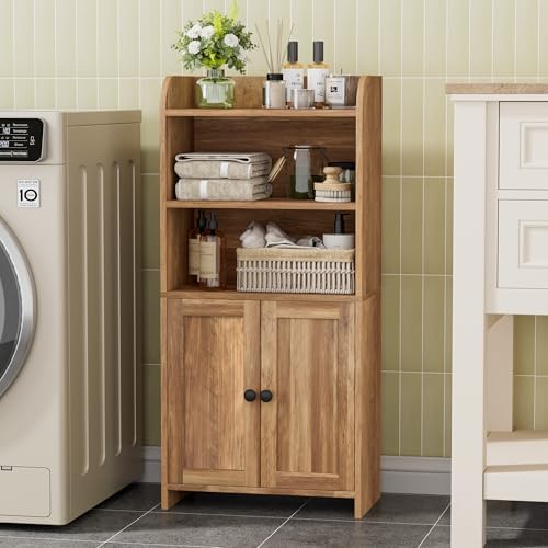 Homhedy Small Bathroom Storage Cabinet, Toilet Paper Storage Cabinet | Bathroom Floor Cabinet with Doors and Shelves, Bathroom Organizers for Small Spaces, 7.9"D x 14.6"W x 31"H, Rustic Walnut