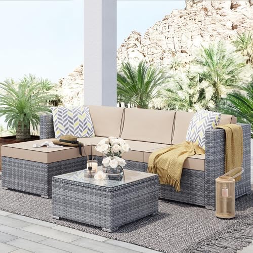 SUNLEI Patio Furniture Set with Detachable Soft Cushions, Outdoor PE Rattan Patio Conversation Sofa Set, 3-Piece Patio Sectional Sofa with Glass Coffee Table (Silver Rattan/Khaki)