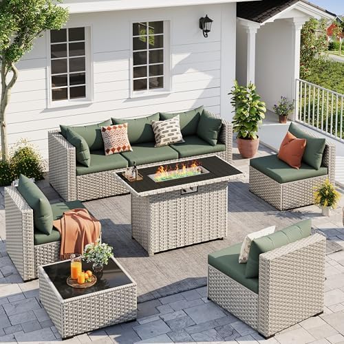 Outdoor Patio Furniture Set with Fire Pit 8 Pcs Wicker Sectional Sofa Green