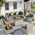 Outdoor Patio Furniture Set with Fire Pit 8 Pcs Wicker Sectional Sofa Green