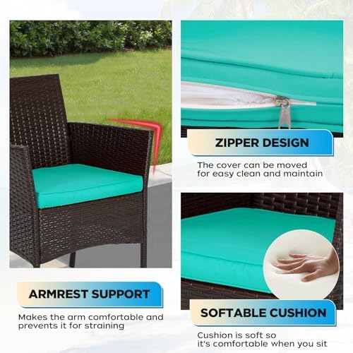 FDW 3-Piece Patio Furniture Set | Brown & Blue | Outdoor Wicker Furniture
