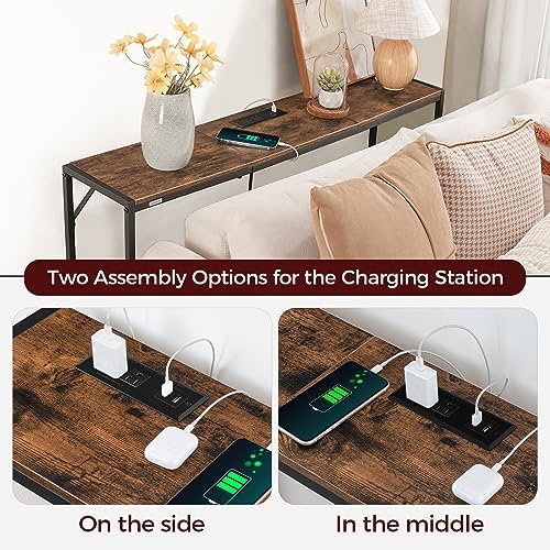 MAHANCRIS Console Table, Narrow Sofa Table, 43.7” Entrance Table with Power Station, Behind Couch Table, Simple Style, for Living Room, Hallway, Entryway, Foyer, Rustic Brown and Black CTHR112E01