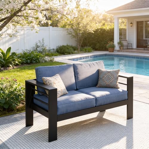 Kiss the Water Aluminum Patio Sofa, Loveseat Dark Blue Outdoor Couch