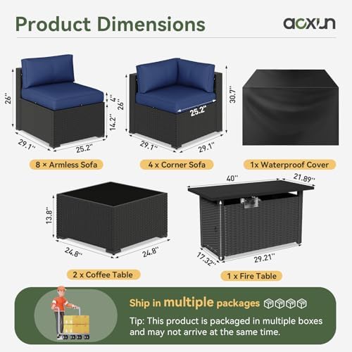 Aoxun 15 Piece Patio Furniture Set with 44” Fire Pit Table, Wicker Rattan Patio Sectional Sofa, Outdoor Furniture Set with Thickened Cushion, Blue