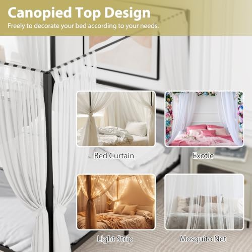 SUPER DEAL Full Size Metal Canopy Bed Frame, Built-in Headboard Sturdy Slatted Structure Four Poster Platform Mattress Foundation, No Box Spring Needed Easy Assembly, Black
