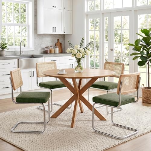 Zesthouse Natural Rattan Dining Chairs Set of 2, Mid Century Modern Dining Chairs with Solid Wood Back & Chrome Base, for Kitchen Living Room, Breuer Design Inspired, Upholstered Linen Fabric, Green