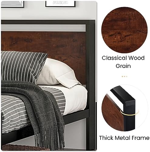 SHA CERLIN 14 Inch King Size Metal Platform Bed Frame with Wooden Headboard and Footboard, Mattress Foundation, No Box Spring Needed, Large Under Bed Storage, Mahogany